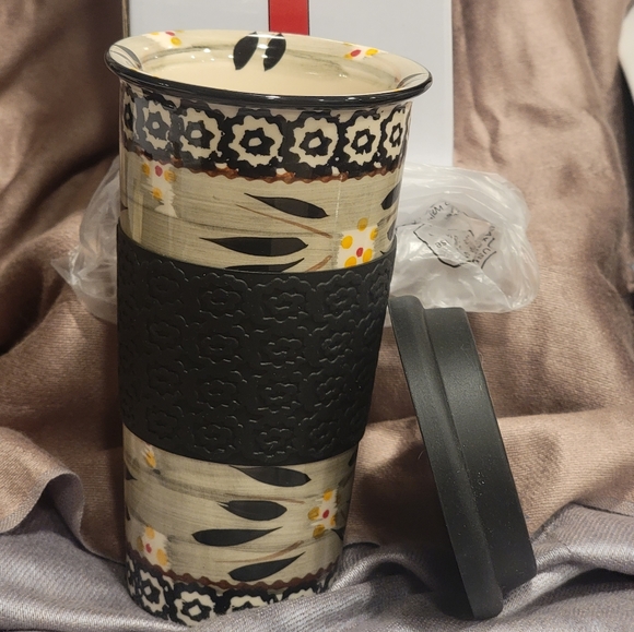 Temp-Tations by Tara Ceramic Old World 12oz Black Multi Travel Mug W/ Lid - Picture 2 of 9